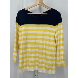 TALBOTS Colorblock Stripe 3/4 Sleeve Sweater Rayon Cotton Yellow Navy Blue L